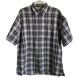 Haggar Men's Plaid Shirt Size L Linen Cotton Blend Button Up Short Sleeves Blue